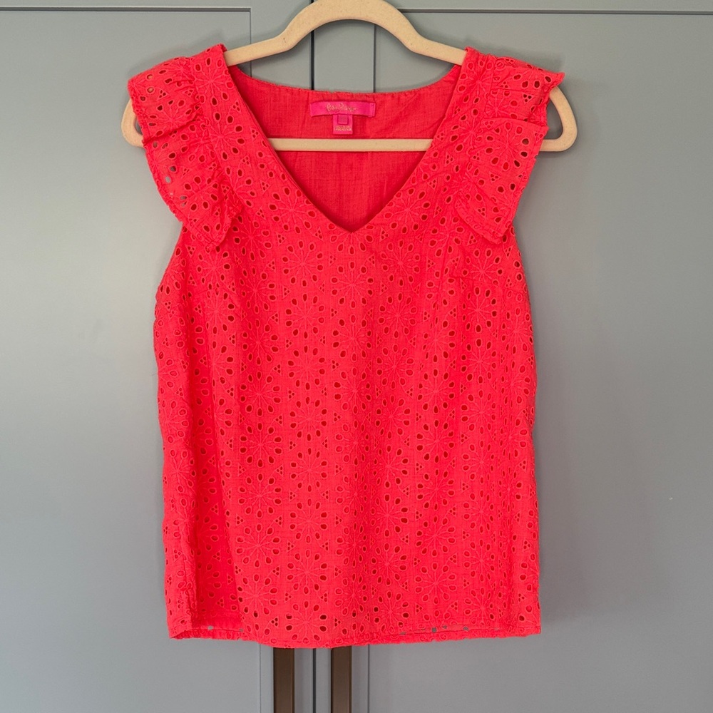 Lilly Pulitzer Coral Eyelet Ruffle Top